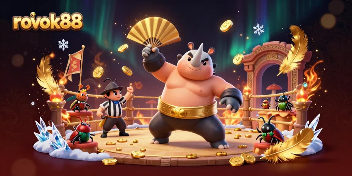 Experience excitement with rokok88 as a sumo beetle champion celebrates winning with flying gold coins.