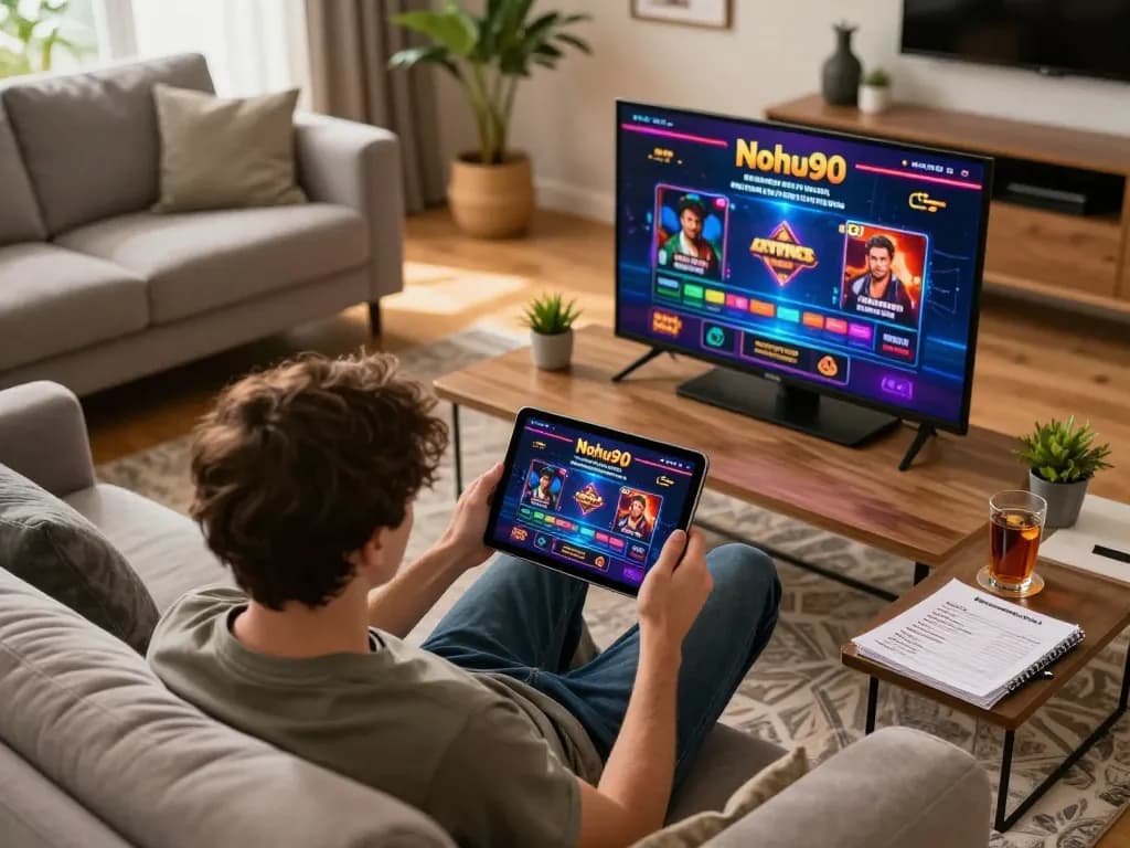Nohu90 player enjoying an online casino game on a tablet in a cozy living room.
