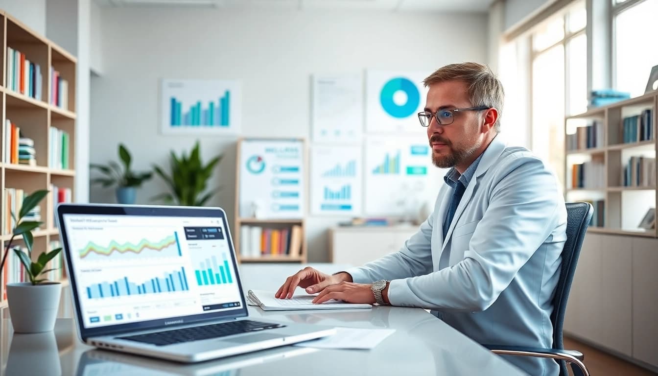 Examine healthspan trends data with a professional in a modern office, showcasing wellness metrics.