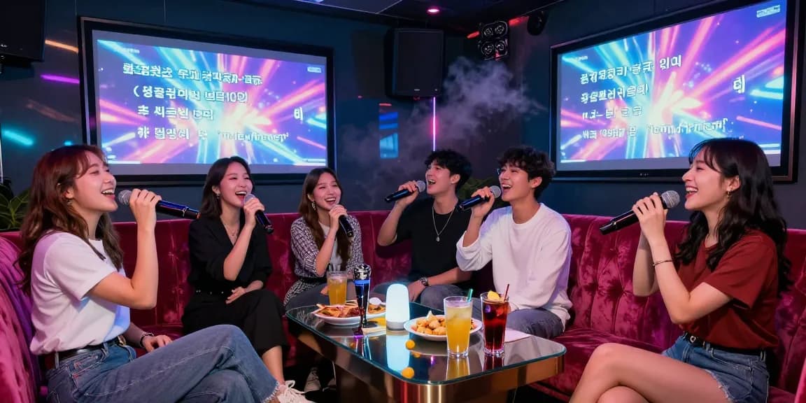 Friends enjoying 강남가라오케 in a vibrant karaoke lounge with drinks and smiles.