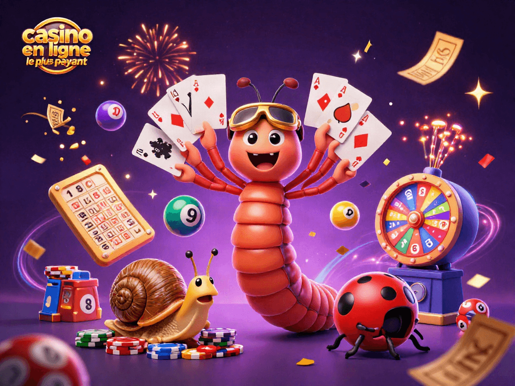 Illustration dynamique abordant le casino en ligne le plus payant avec un croupier et des éléments de jeu captivants.