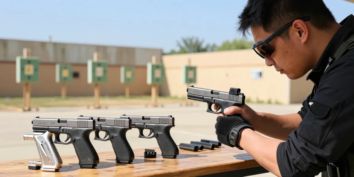 Precision Glock slides displayed at a shooting range while a tactical enthusiast fine-tunes their Glock at https://precisionglockslides.com, showcasing accuracy and performance upgrades.