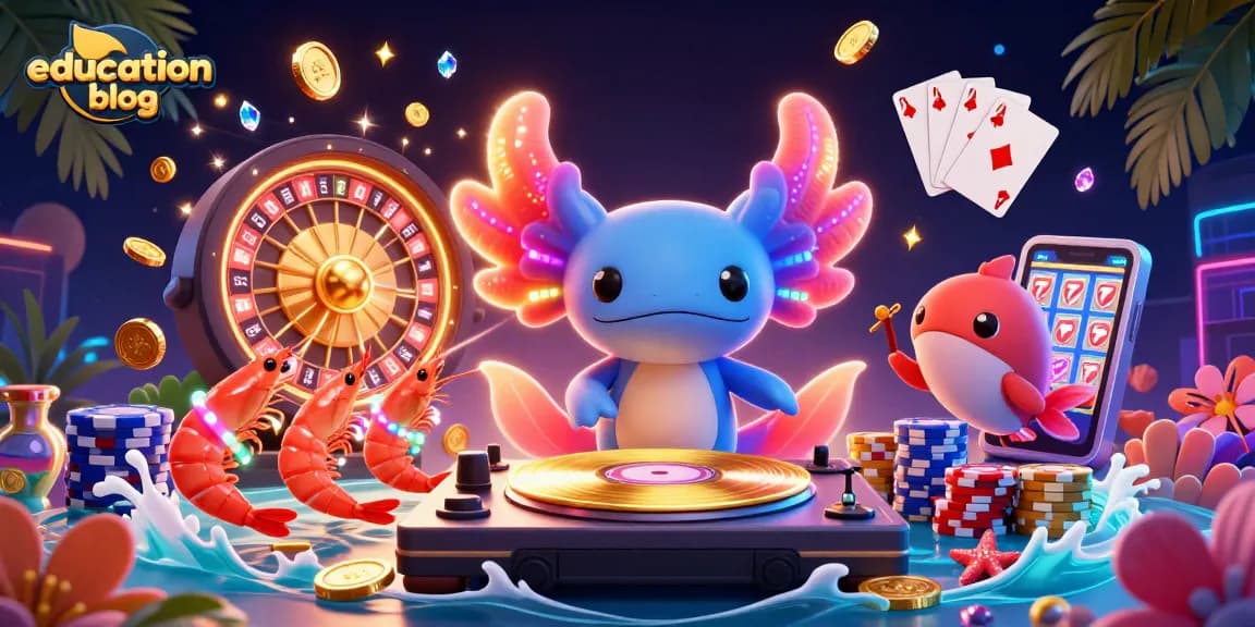 Vibrant casino scene featuring an education blog theme with neon characters and dynamic gambling elements.