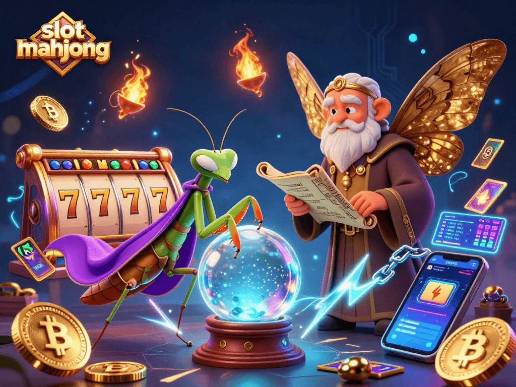 Play slot mahjong with vibrant reel characters and crypto elements in a lively 3D scene.