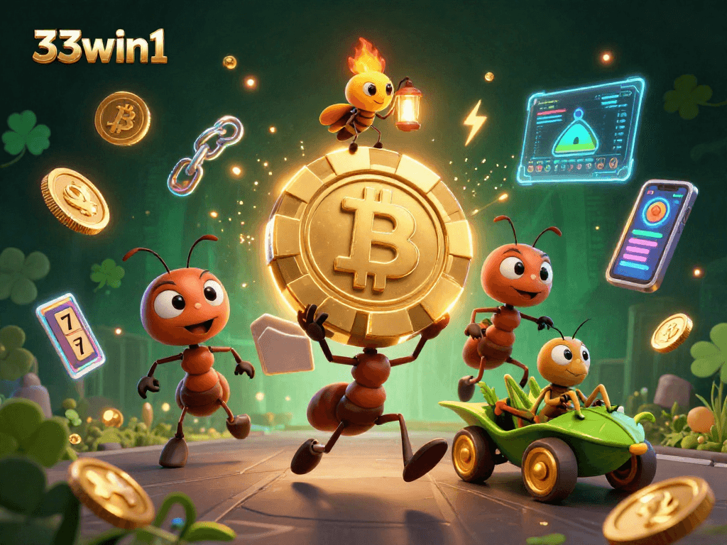Experience the excitement of 33win1 as animated ants heist a giant poker chip amidst crypto coins.