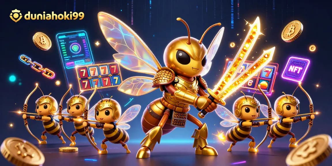 Melihat keseruan permainan di duniahoki99 dengan hornet emas berarmor samurai dan fitur slot mencolok.