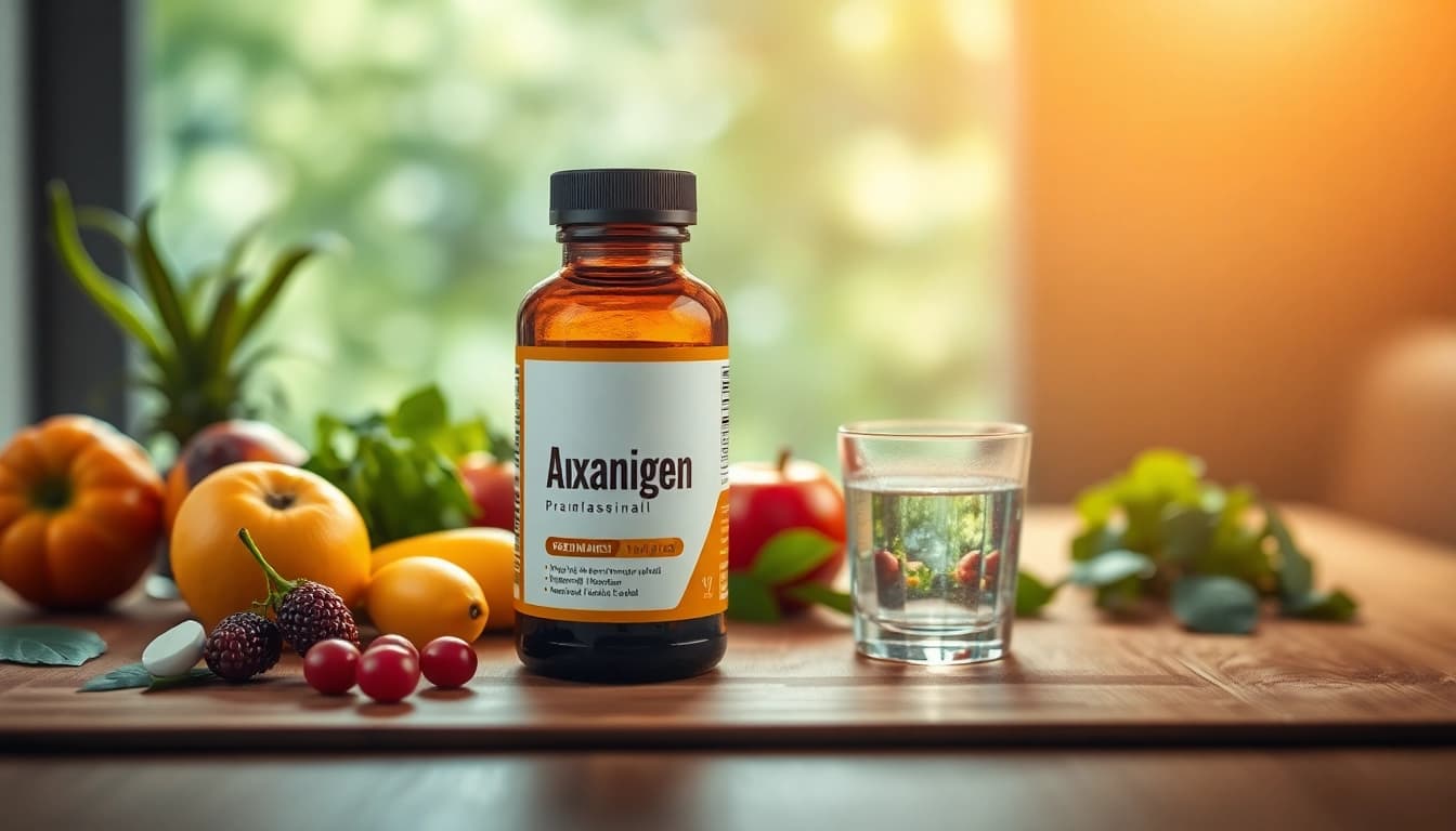 Promote the best astaxanthin supplement bottle against fresh produce, representing vitality.