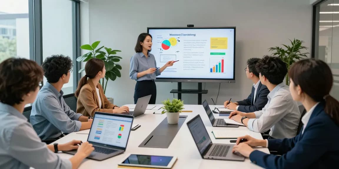 Engaging marketing course for small businesses taught in a modern office setting.