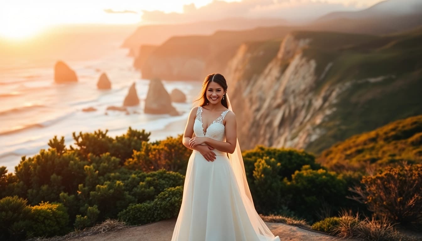 Captivating Big Sur wedding photography of a couple at sunset near cliffs and ocean waves.