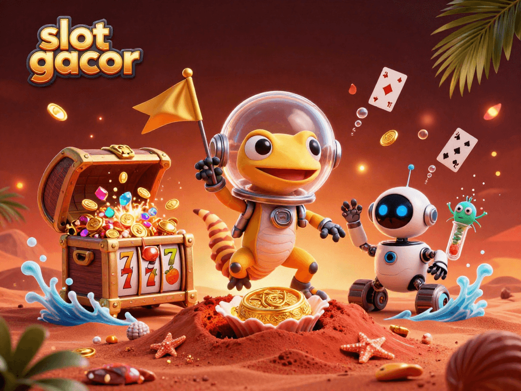 Engage with slot gacor mechanics in a vibrant 3D Martian casino scene with lively alien elements.