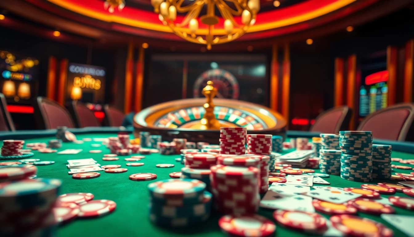 Experience the excitement of good88 with vibrant poker chips and a roulette wheel in a luxurious casino setting.