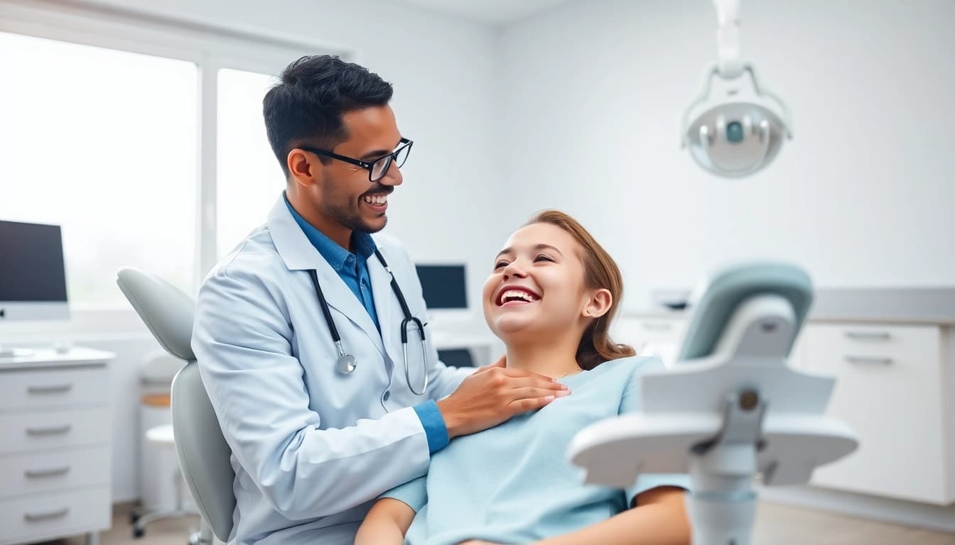 Experience level orthodontics with a caring orthodontist assisting a smiling patient in a modern clinic