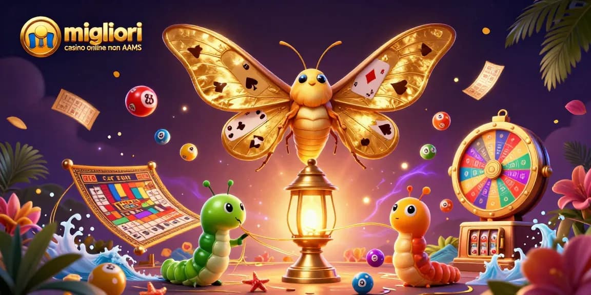 Scopri i migliori casino online non AAMS con questa vivace illustrazione che presenta una falena 3D e palline della lotteria.