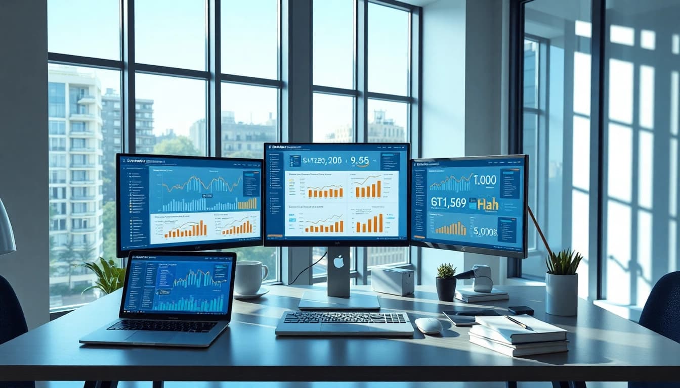 Web scrapping setup with multiple screens showcasing Amazon price tracking data in a modern workspace