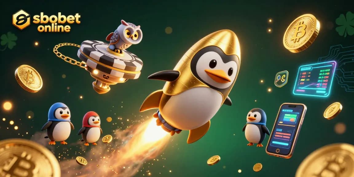 Experience sbobet online triumphs as a golden penguin rockets through a vibrant casino universe.