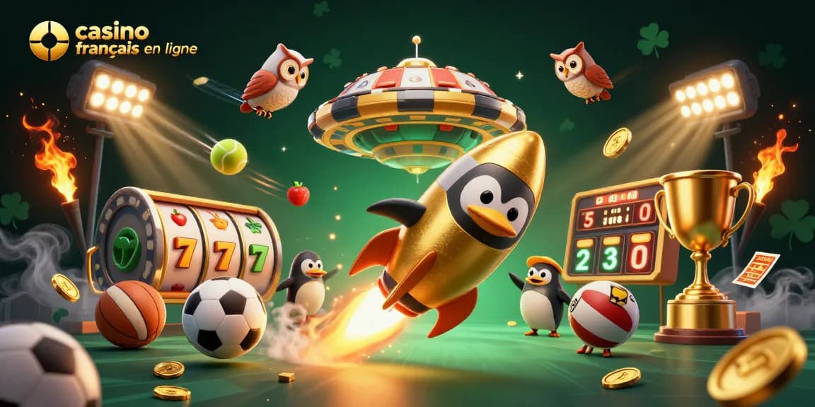 Jouez sur le casino français en ligne avec une illustration 3D captivante présentant un pingouin doré et des éléments de jeu.