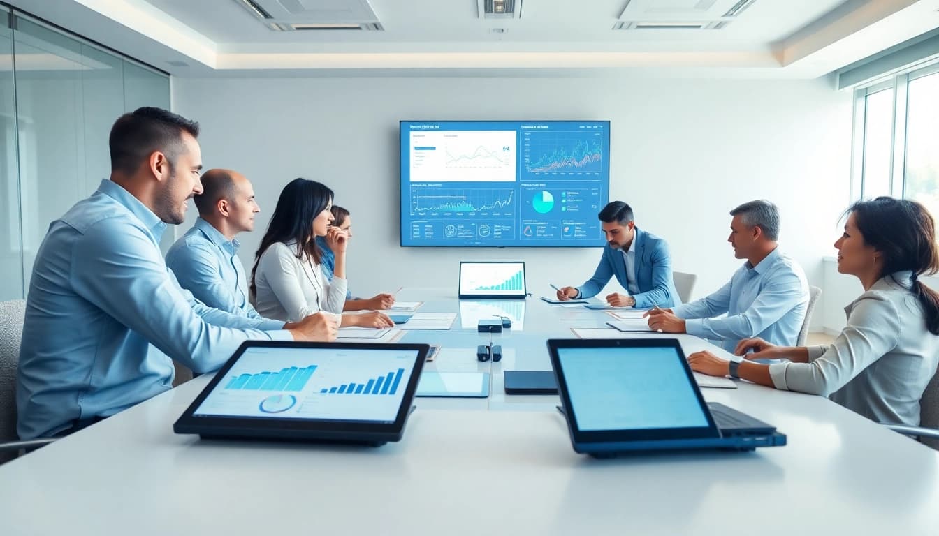Team discussing b2b competitive intelligence strategies around a conference table.