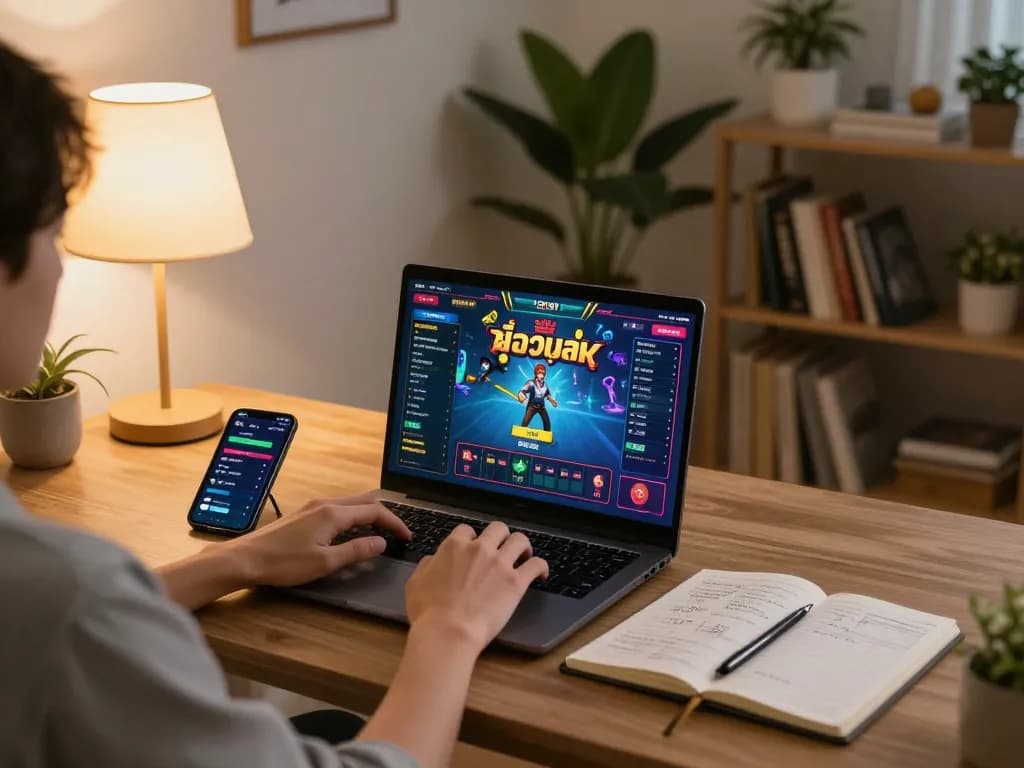 Engaging in สล็อตวอเลท gameplay with focused strategy notes in a cozy living room setting