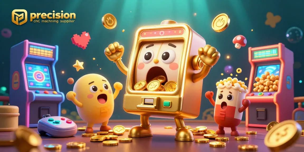 Precision CNC machining supplier theme with golden slot machine in a jackpot celebration scene.