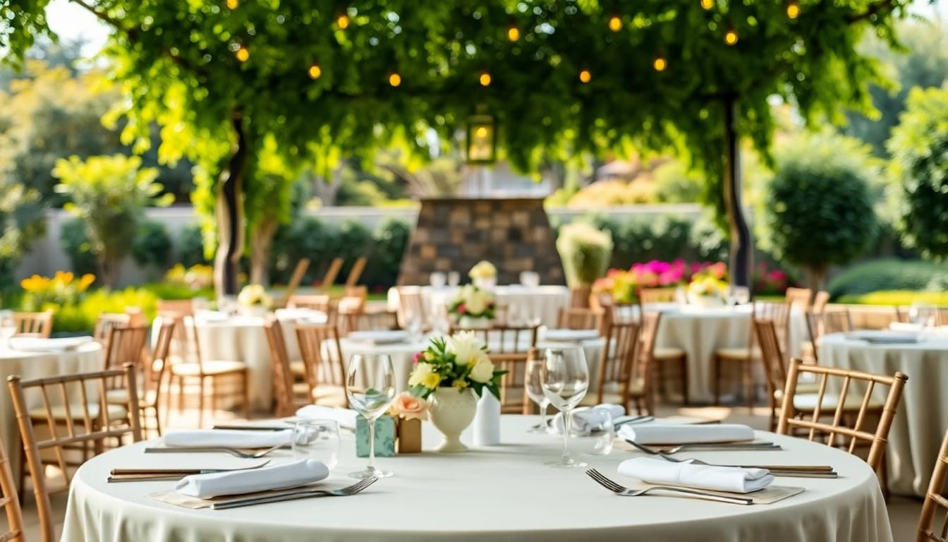 Elegant table & chair rentals beautifully arranged in an outdoor setting, inviting gatherings.