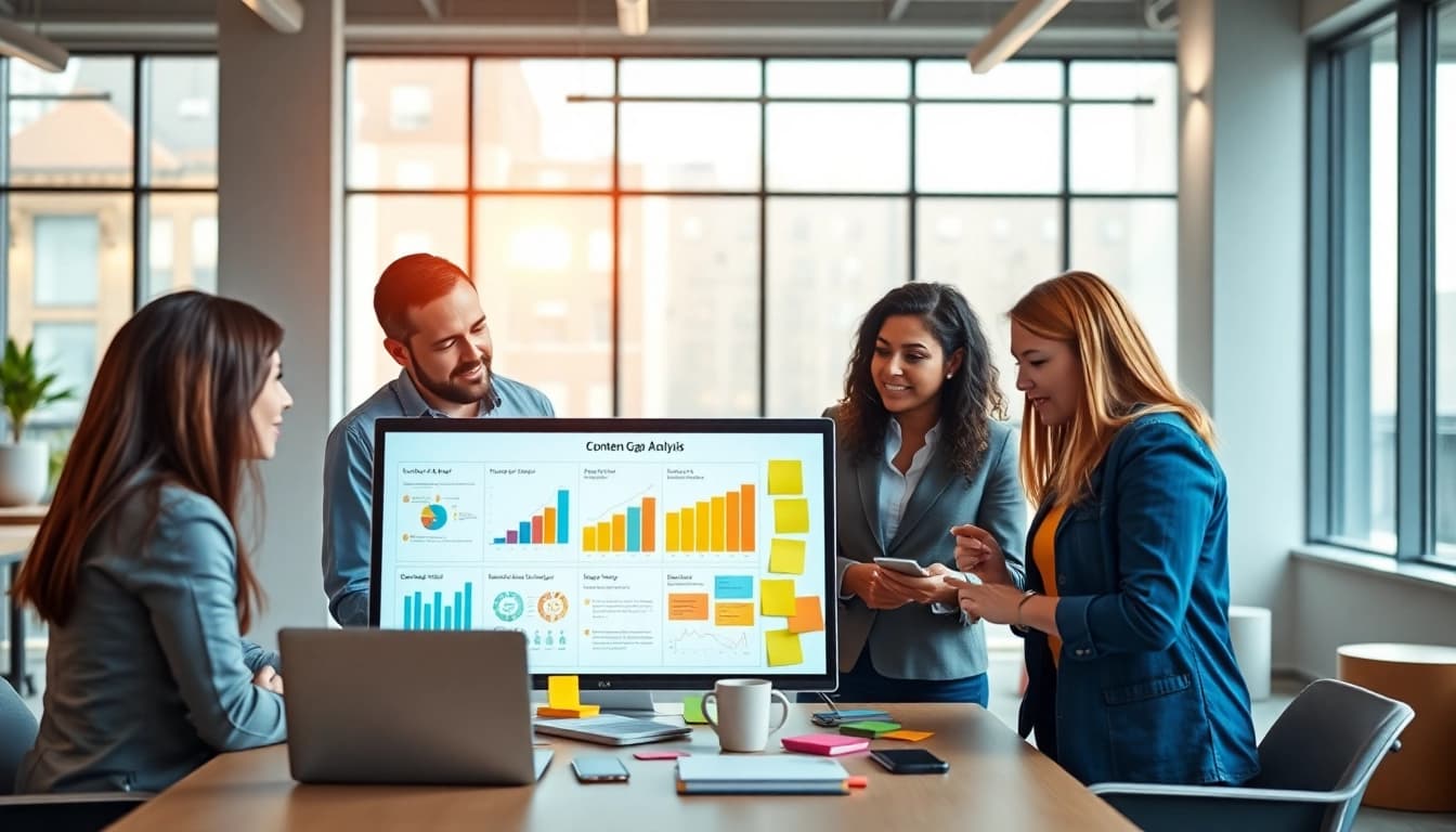 Enhance your strategy with a team conducting a Content Gap Analysis in a collaborative office setting.