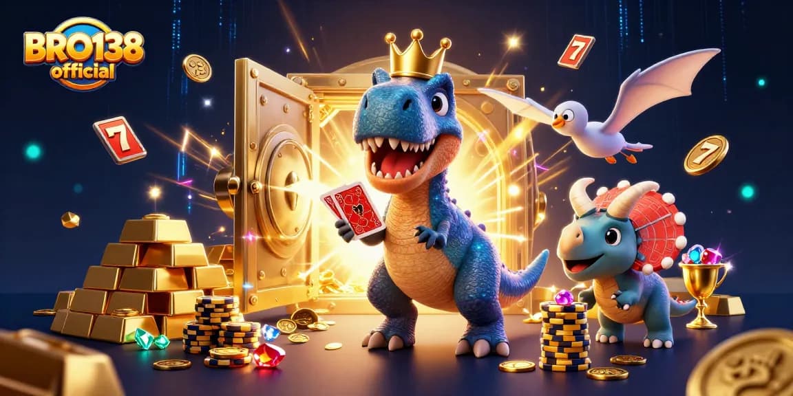 Experience the excitement of BRO138 official with cartoon dinosaurs stacking chips and dealing cards in a vibrant casino.