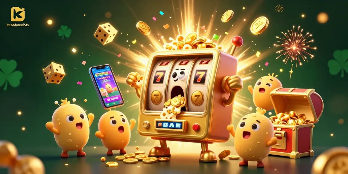 Experience the exciting jackpot animations of keonhacai5tv with dynamic 3D slot machines and festive casino elements.