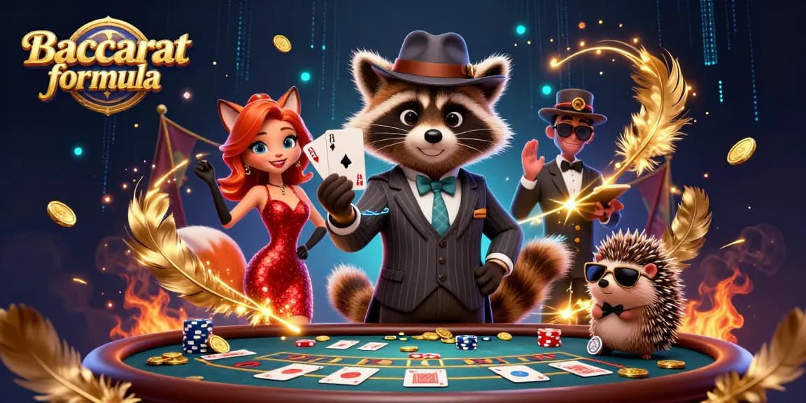 Experience the Baccarat formula with charming characters in a vibrant casino scene, showcasing winning hands and betting excitement.