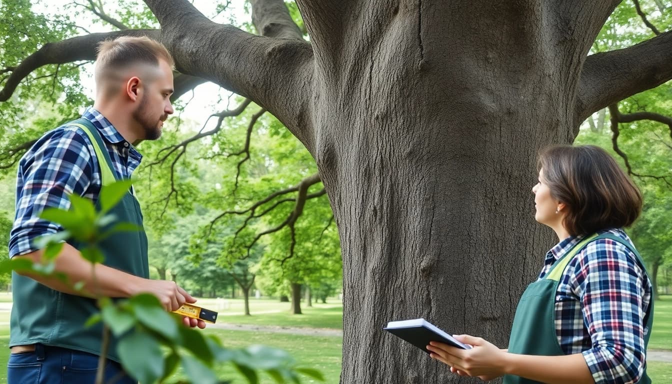 Tree Consultancy experts evaluating an oak in an urban park setting with professional tools.