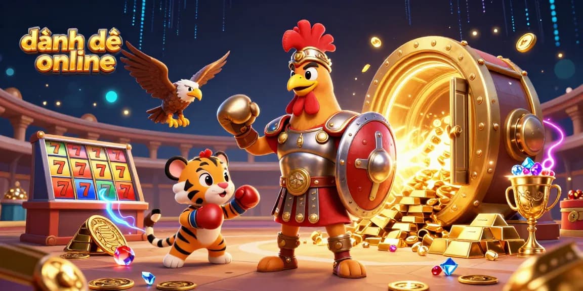 Experience the thrill of đánh đề online with a gladiator rooster and sparring tiger in a vibrant casino scene.