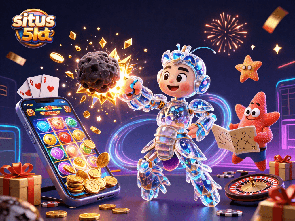 Situs slot 5k showcases a vibrant scene of galactic samurai mantis shrimp and starfish amidst casino elements.