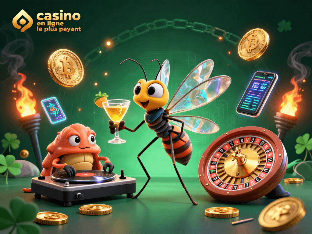 Illustration dynamique du casino en ligne le plus payant avec des personnages de casino, pièces de crypto et ambiance festive.