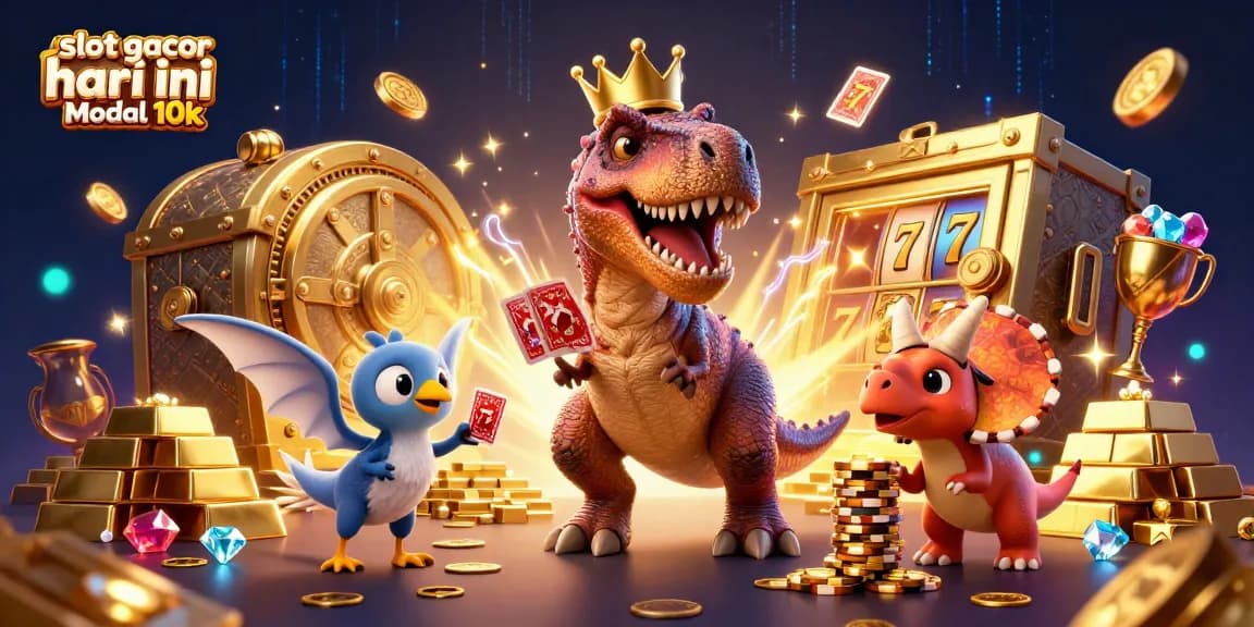 Engage with slot gacor hari ini modal 10k as friendly characters shuffle cards and stack chips amidst golden treasures and vibrant casino elements.