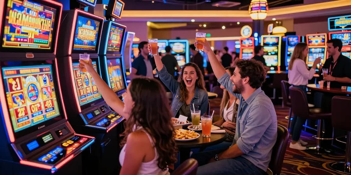 Group of friends enjoying the excitement of rokok88 slot machines in a vibrant casino atmosphere, celebrating a win.