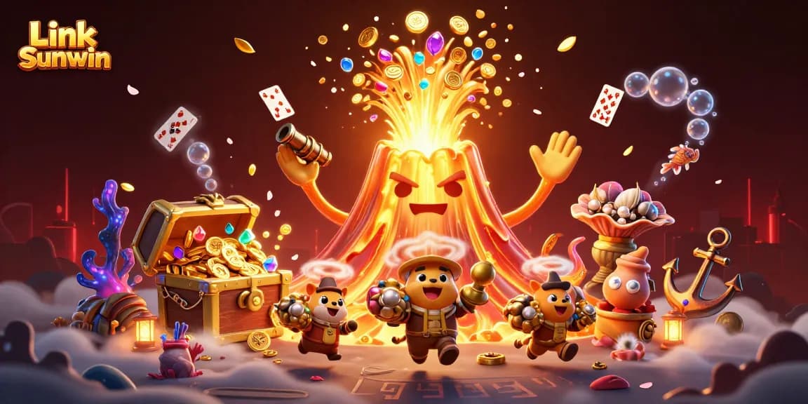 Experience the thrilling adventure of Link Sunwin with a dynamic illustration featuring a golden volcano and treasure-filled underwater elements.