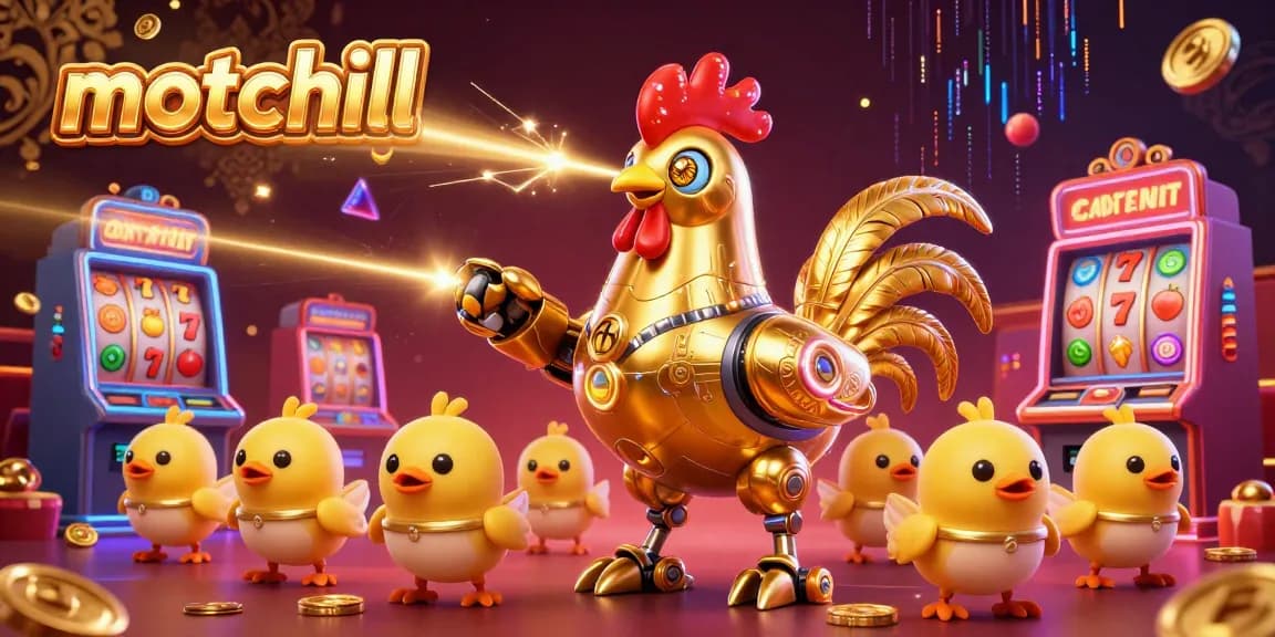 Engage with the latest motchill casino experience featuring a stunning golden rooster robot amidst slot machines.