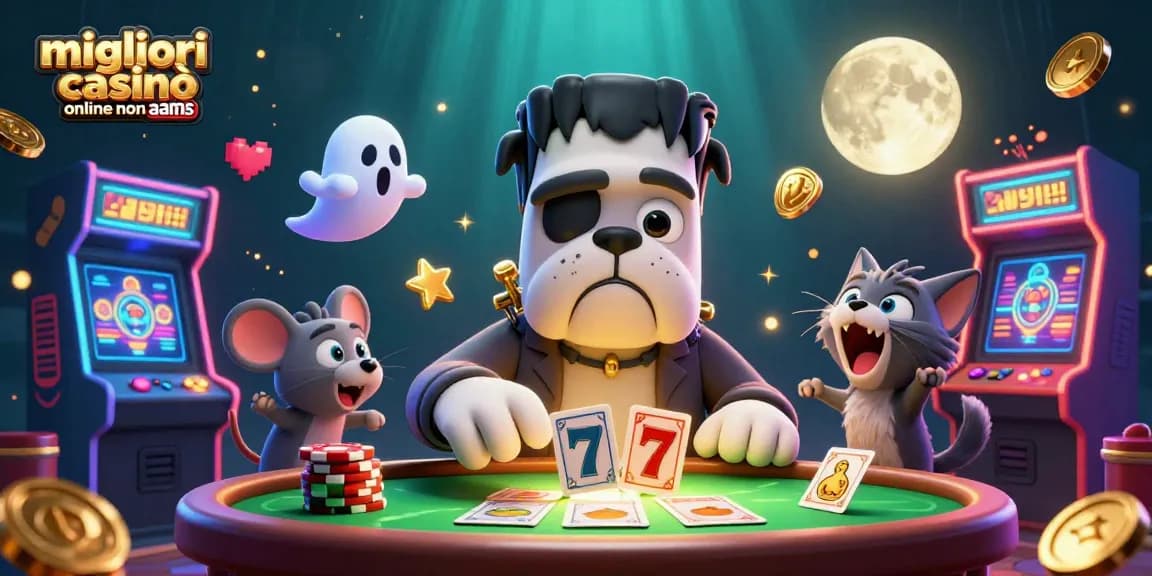 Vincere ai migliori casinò online non AAMS con un bulldog Frankenstein e un gattino lupo in un'illustrazione vibrante e accattivante.