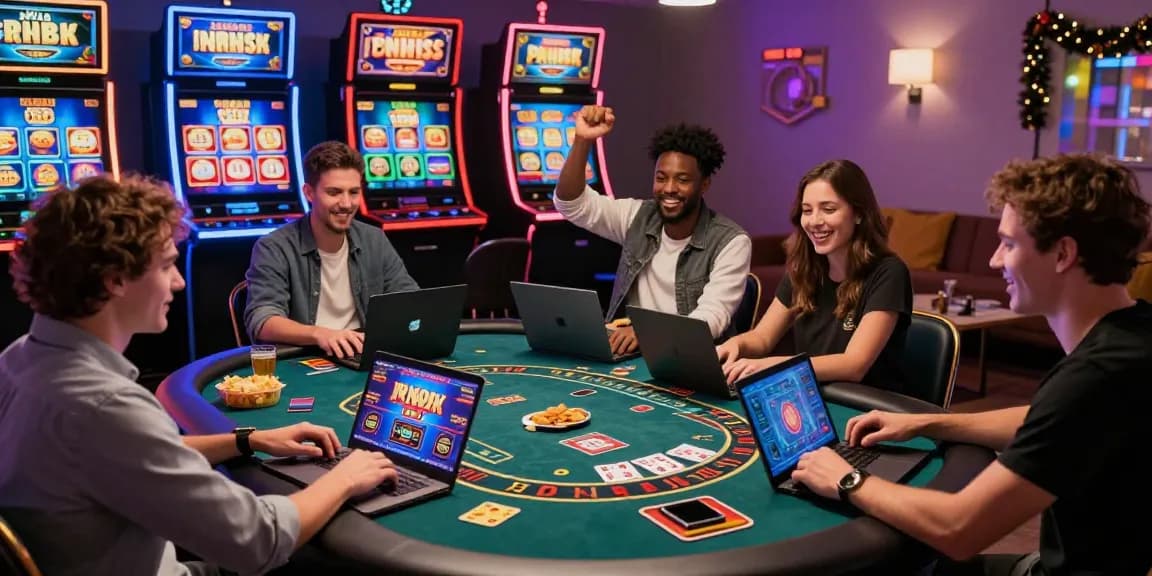 Players enjoying their experience at credit card casinos on https://mvc.org.uk, with vibrant gaming graphics and festive atmosphere.