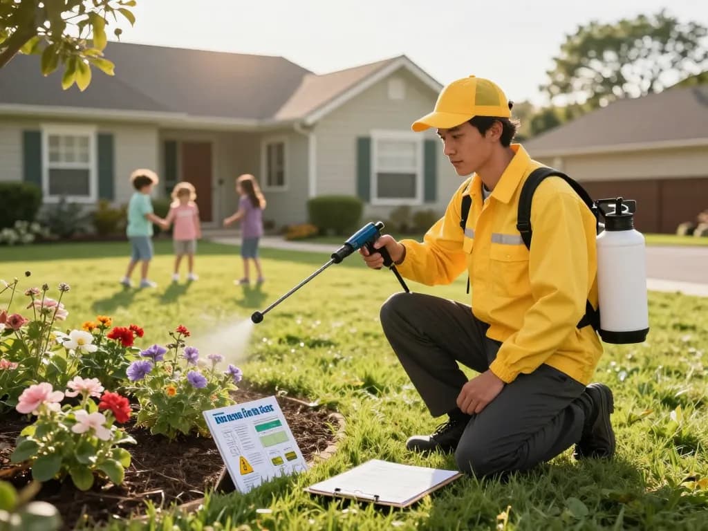 Pest control technician applying eco-friendly solutions around a home, ensuring a safe environment.