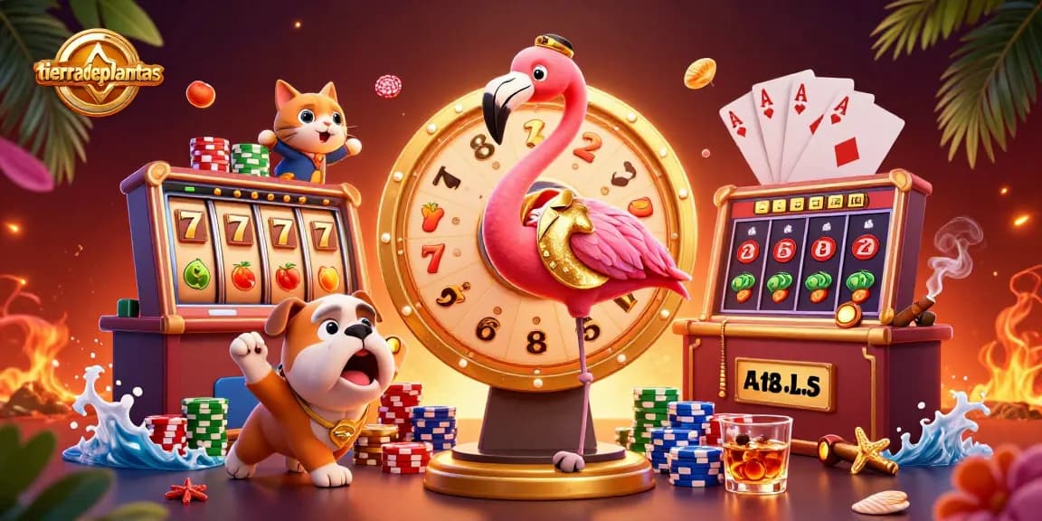 Win prizes at tierradeplantas in a vibrant casino scene with flamingo, bulldog, and jackpot elements.