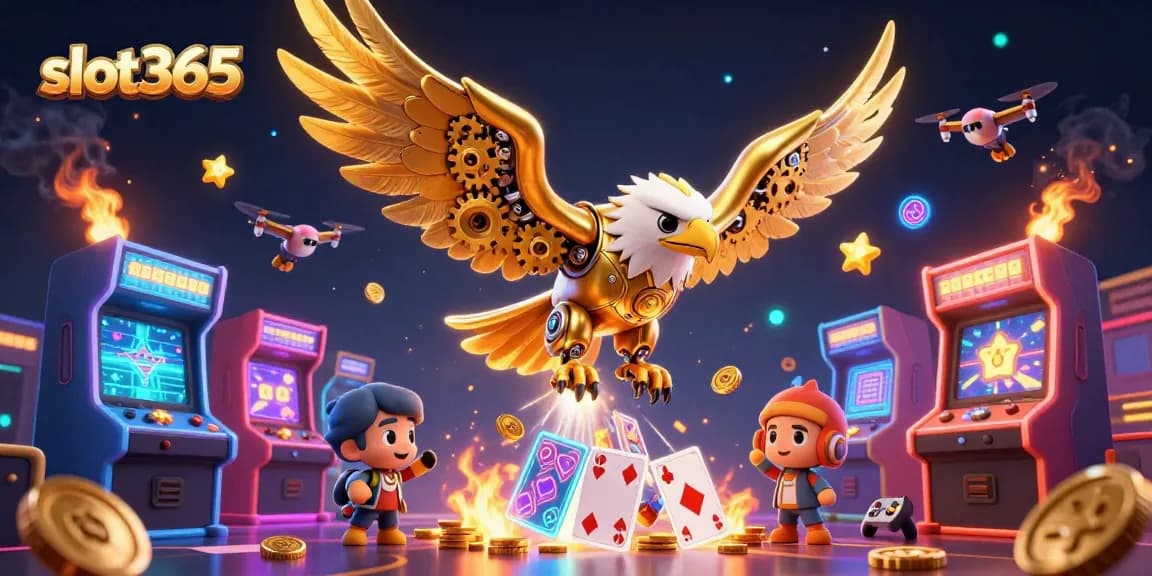 Experience the thrill of slot365 as golden eagle dives through holographic cards amid exciting arcade games.