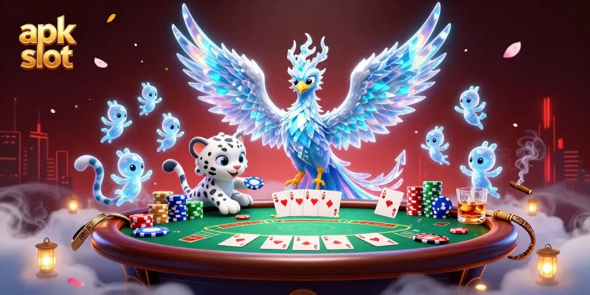 Engage with apk slot in this vibrant casino scene featuring a phoenix, leopard, and poker elements.