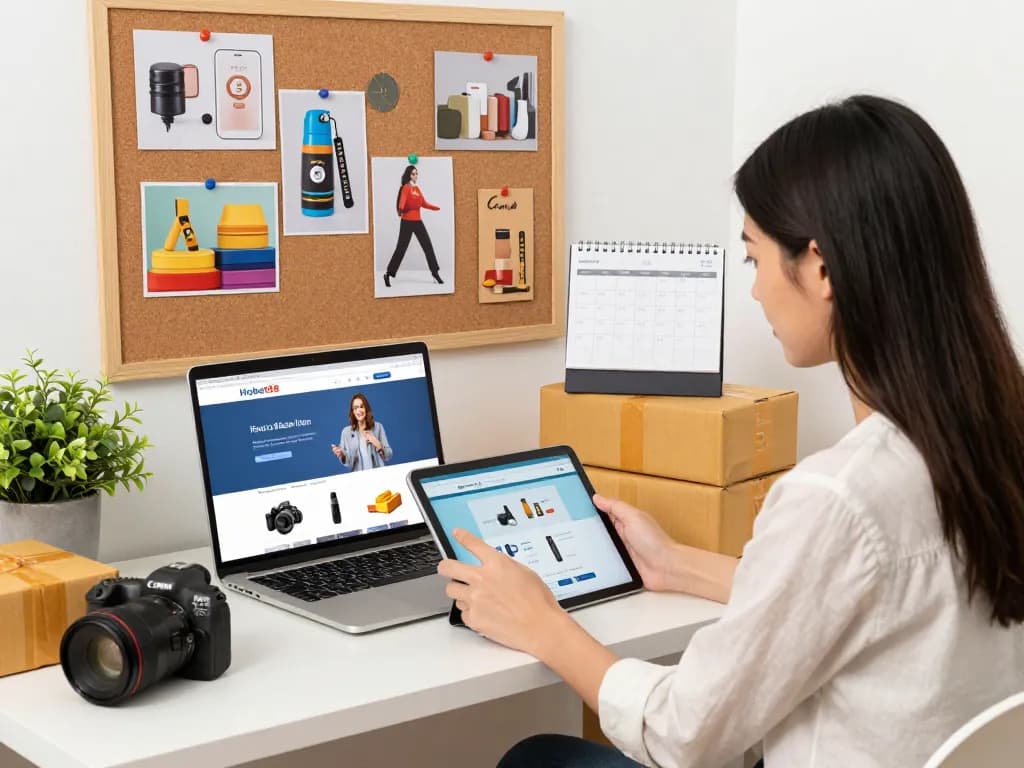Engaging scene of a woman exploring Link Hubet88 on a tablet, showcasing vibrant e-commerce atmosphere.