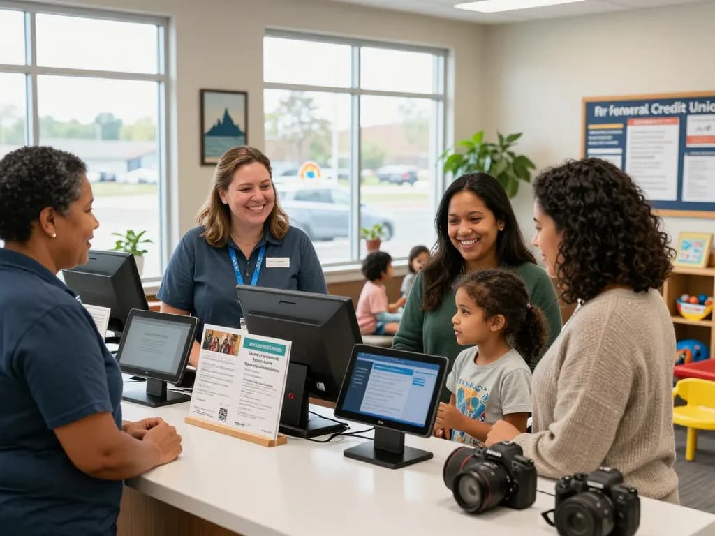 Maine federal credit union staff assisting a family, showcasing personalized community banking services in a welcoming environment.