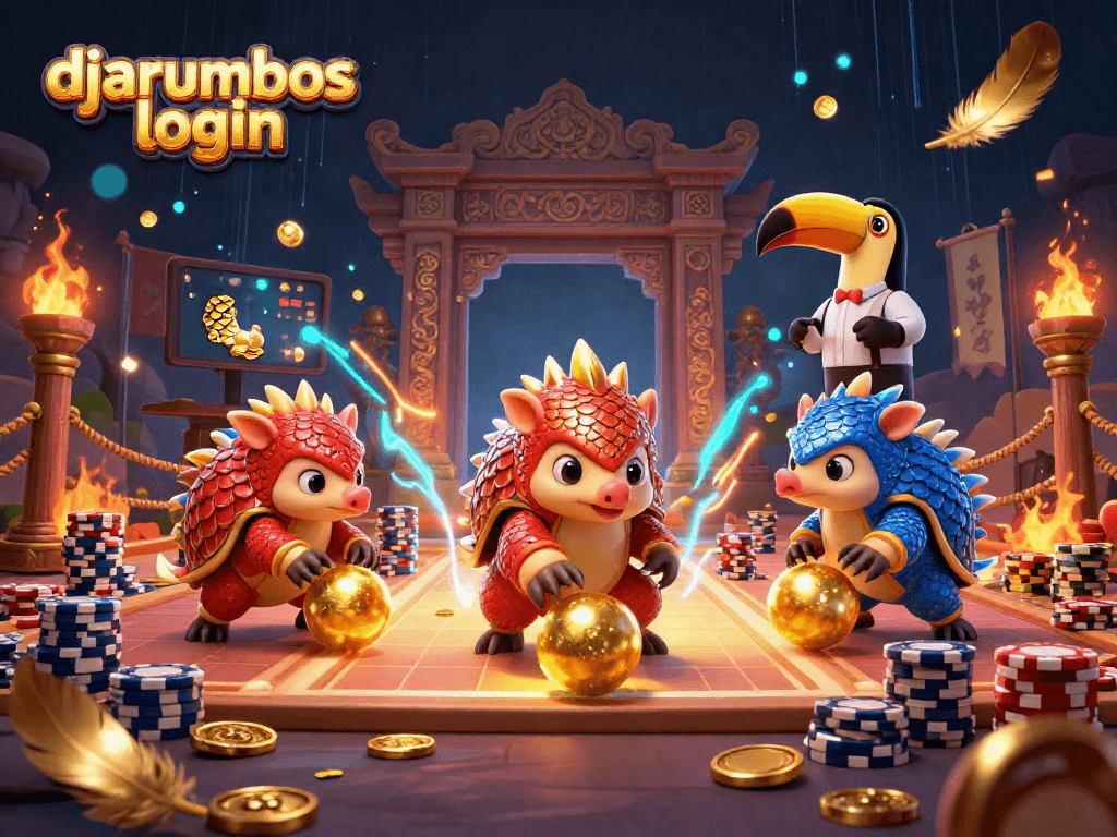 Engaging djarumbos login scene with pangolins in an exhilarating casino bowling match.