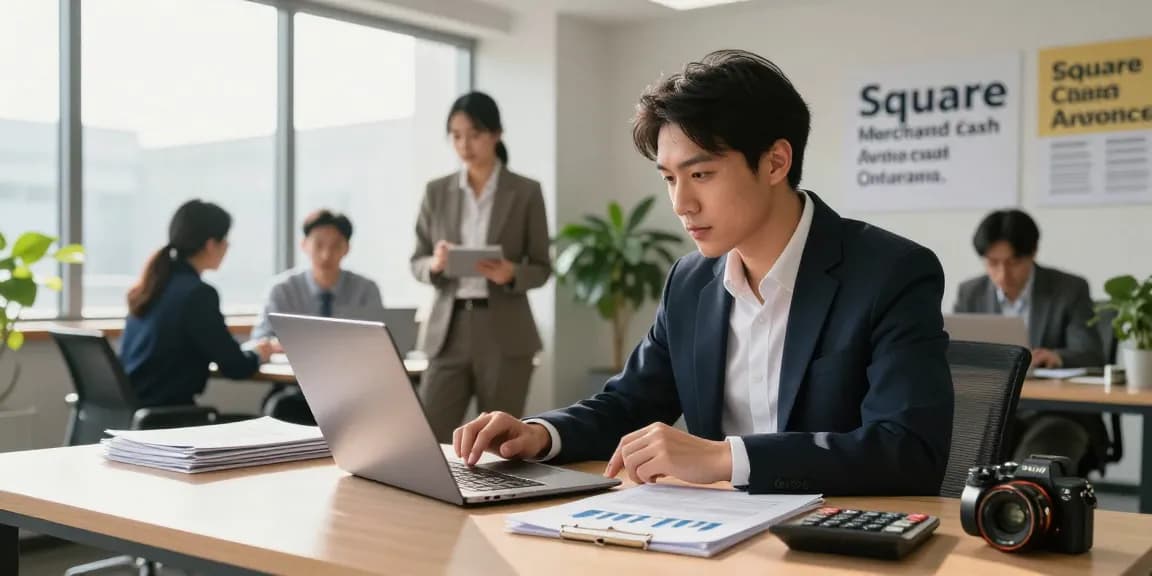 Business analysis of Square merchant cash advance in a modern office environment.