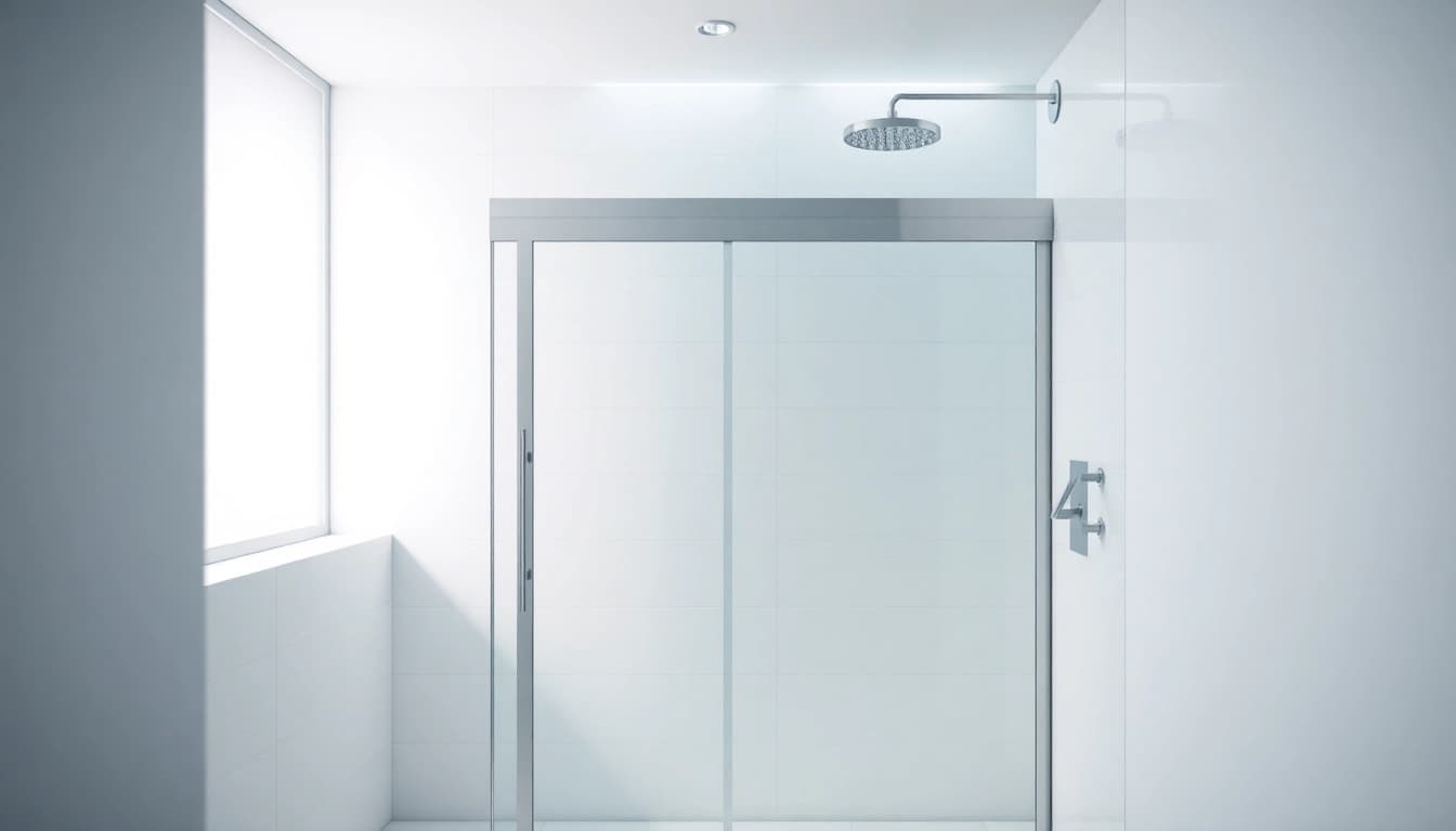 Elegant shower sliding doors enhancing modern bathroom aesthetics with luxurious tiles.