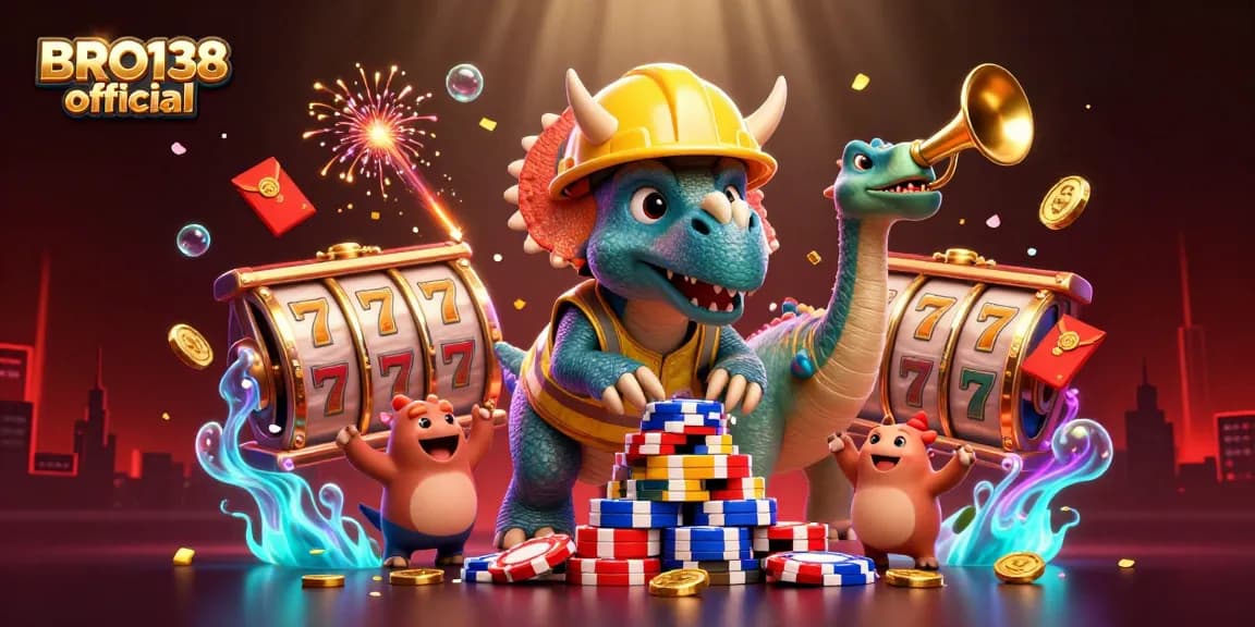 Celebrate winning spins at BRO138 official with lively casino-themed characters and vibrant gaming elements.