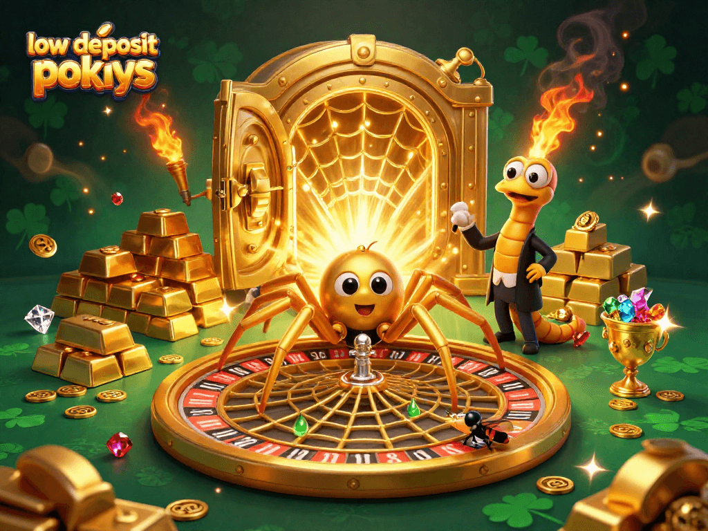 Immerse in low deposit pokies with vibrant casino-themed illustration featuring a roulette wheel web.