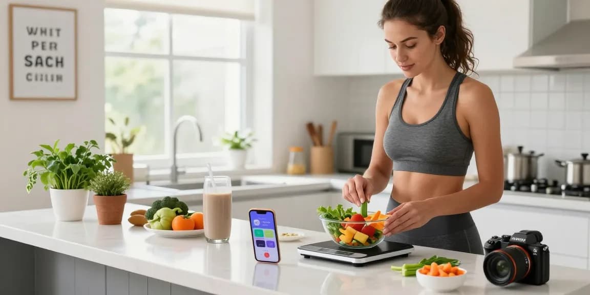 Cooking healthy meal with best AI macro tracker app visible on smartphone, inspiring nutrition scene in bright kitchen.